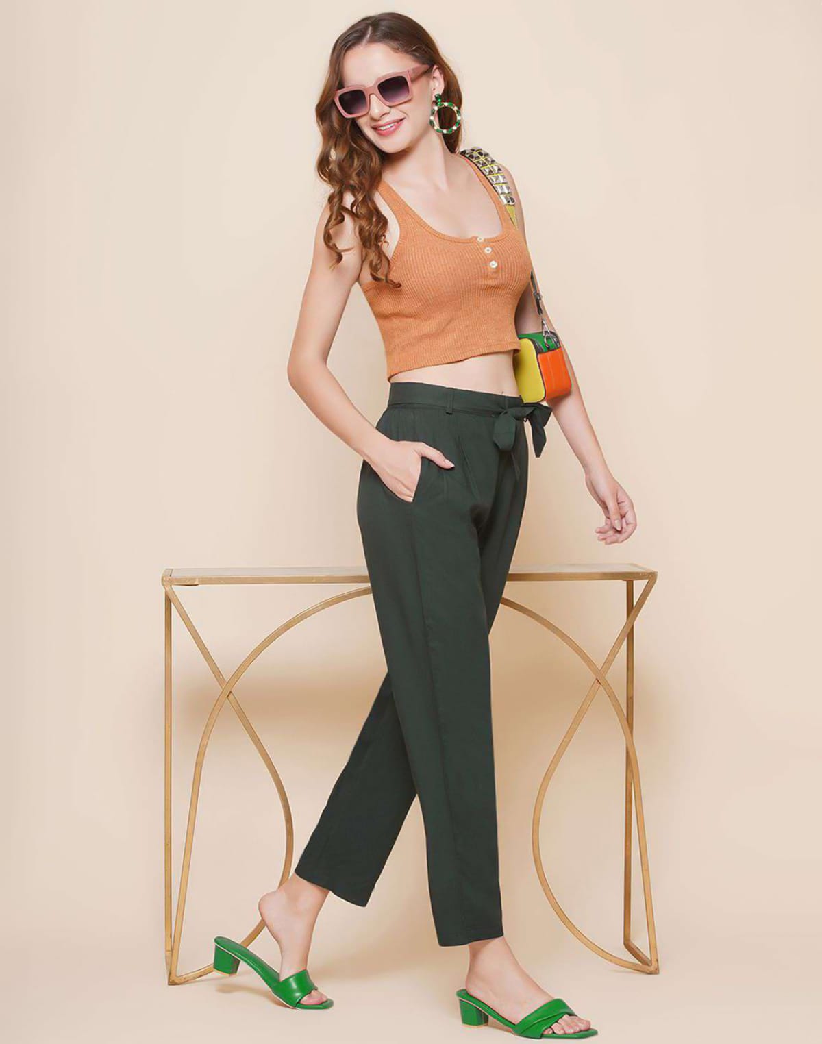 Collection of Green Plain Rayon Pant in a gallery layout