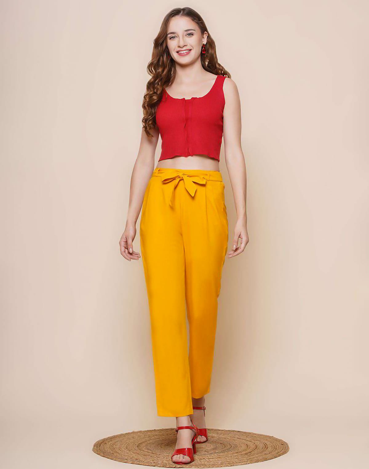 Collection of Mustard Plain Viscose Rayon Straight Pant in a gallery layout