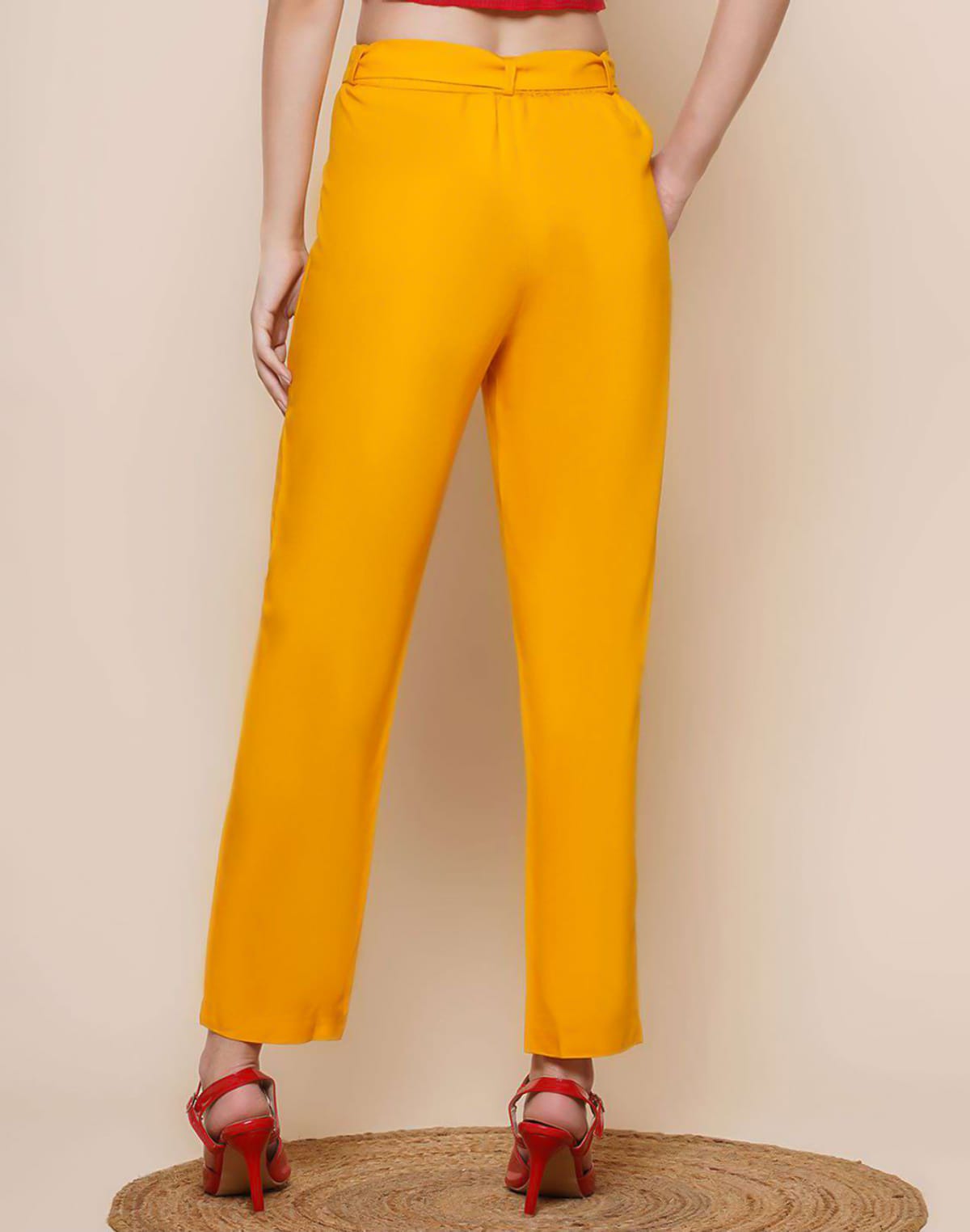 Collection of Mustard Plain Viscose Rayon Straight Pant in a gallery layout