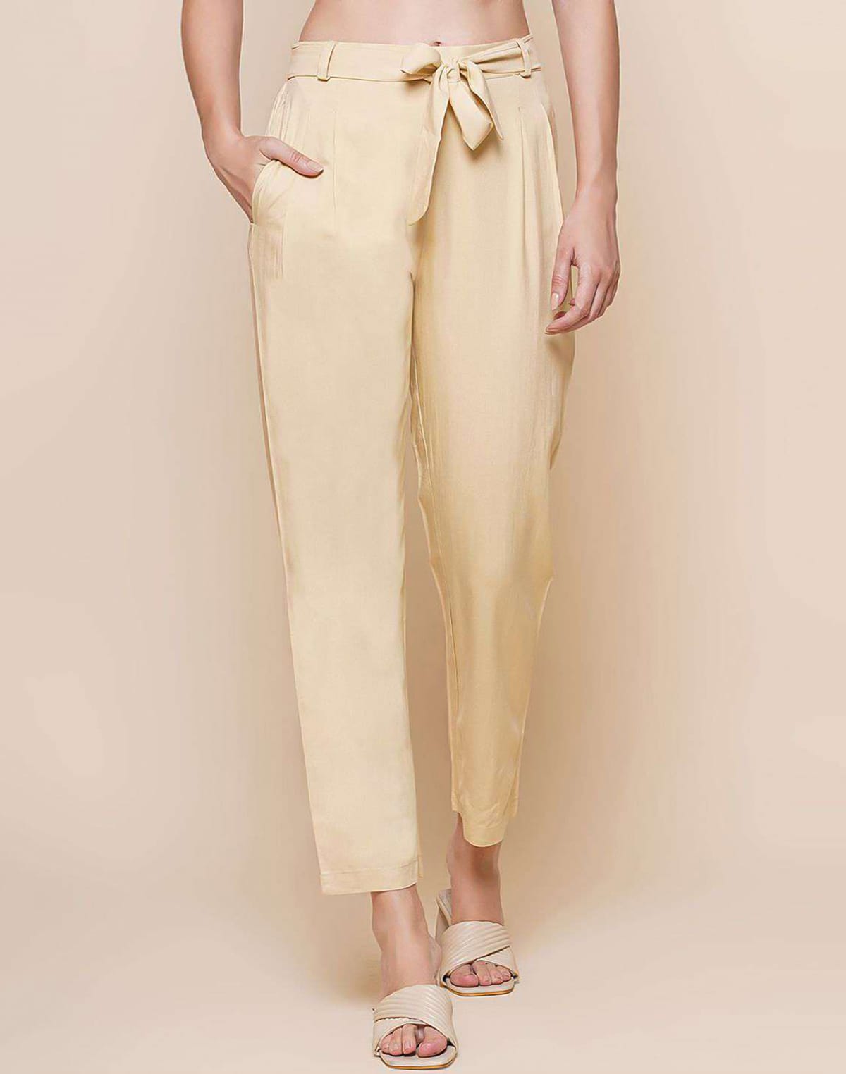 Collection of Plain Viscose Rayon Cream Pant in a gallery layout