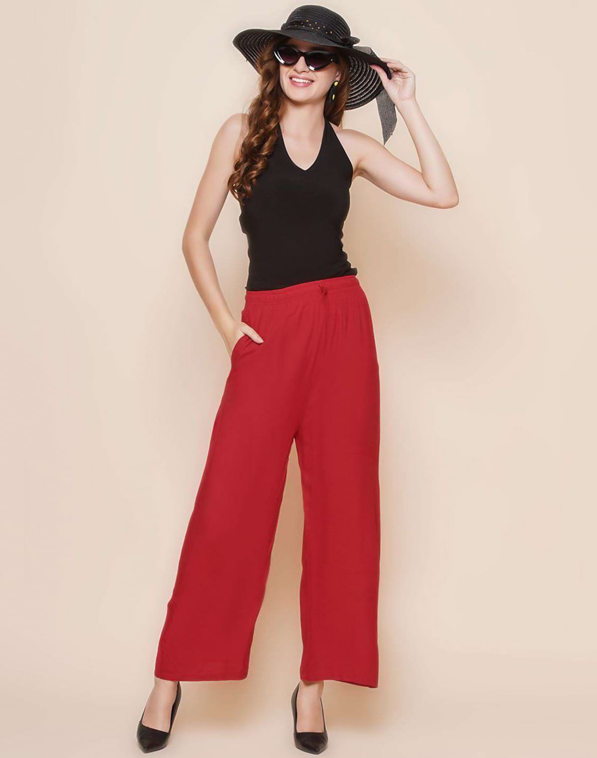 Collection of Red Coloured Viscose Rayon Plazzo Pant in a gallery layout