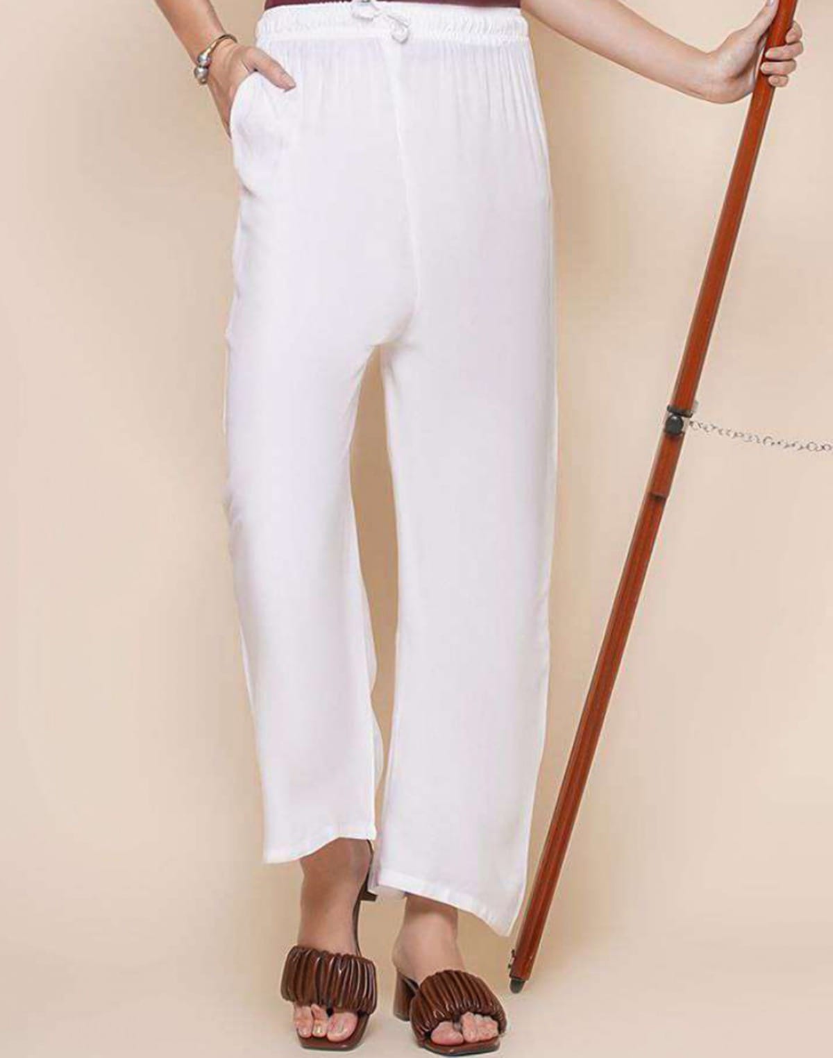 Collection of White Plain Viscose Rayon Plazzo Pant in a gallery layout