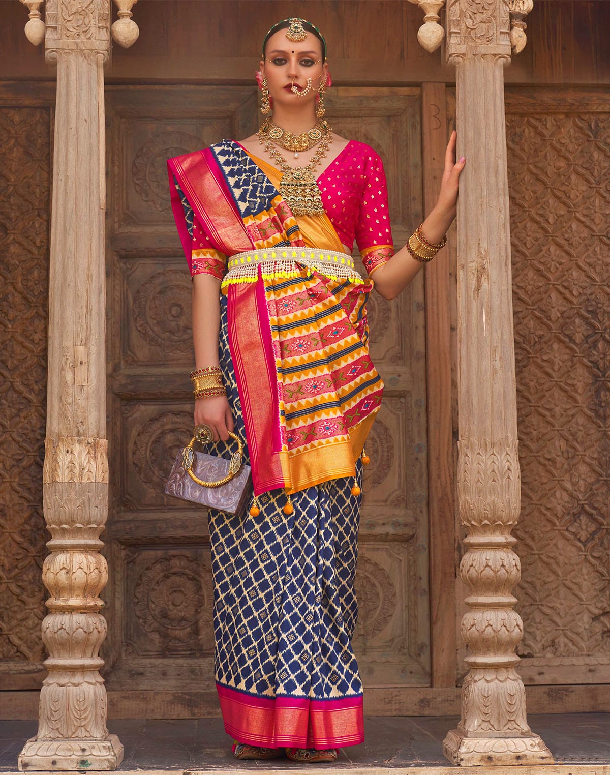 Collection of Blue Patola Silk Saree with Contrast Blouse in a gallery layout