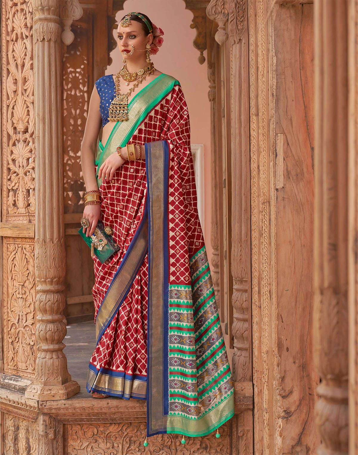 Red and Blue Patola Designer Saree