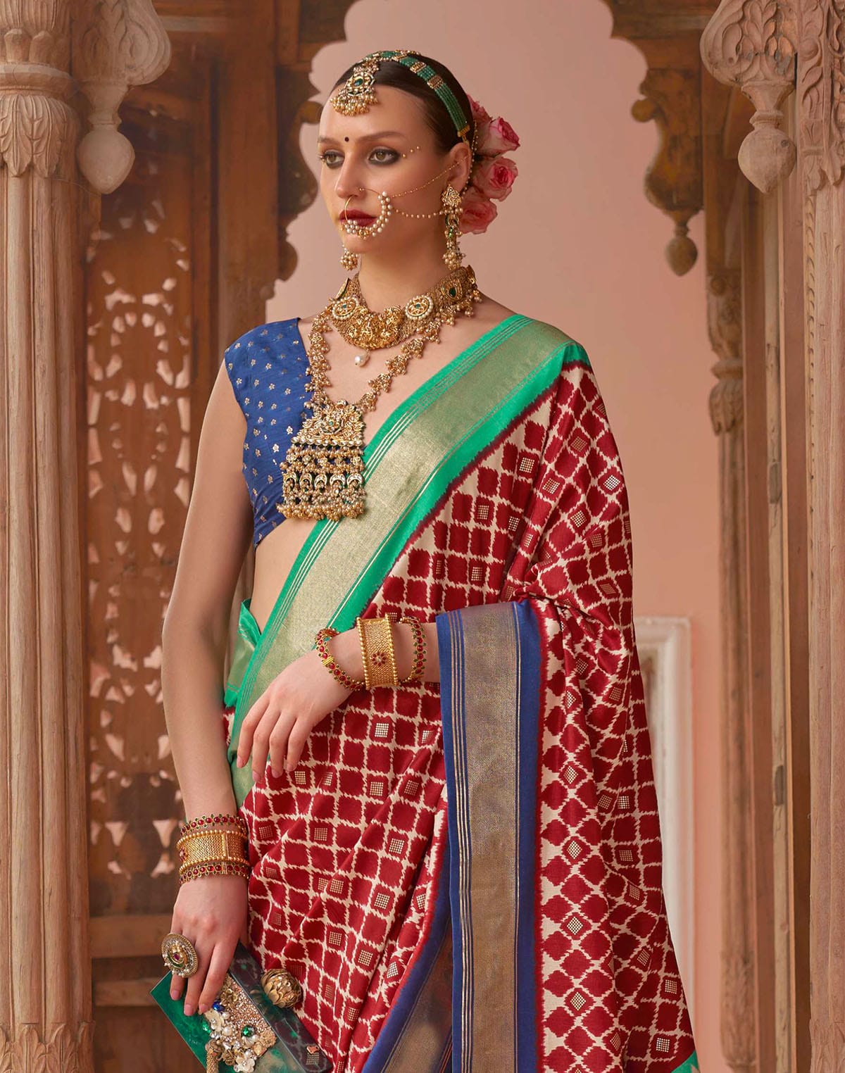 Collection of Red and Blue Patola Designer Saree in a gallery layout