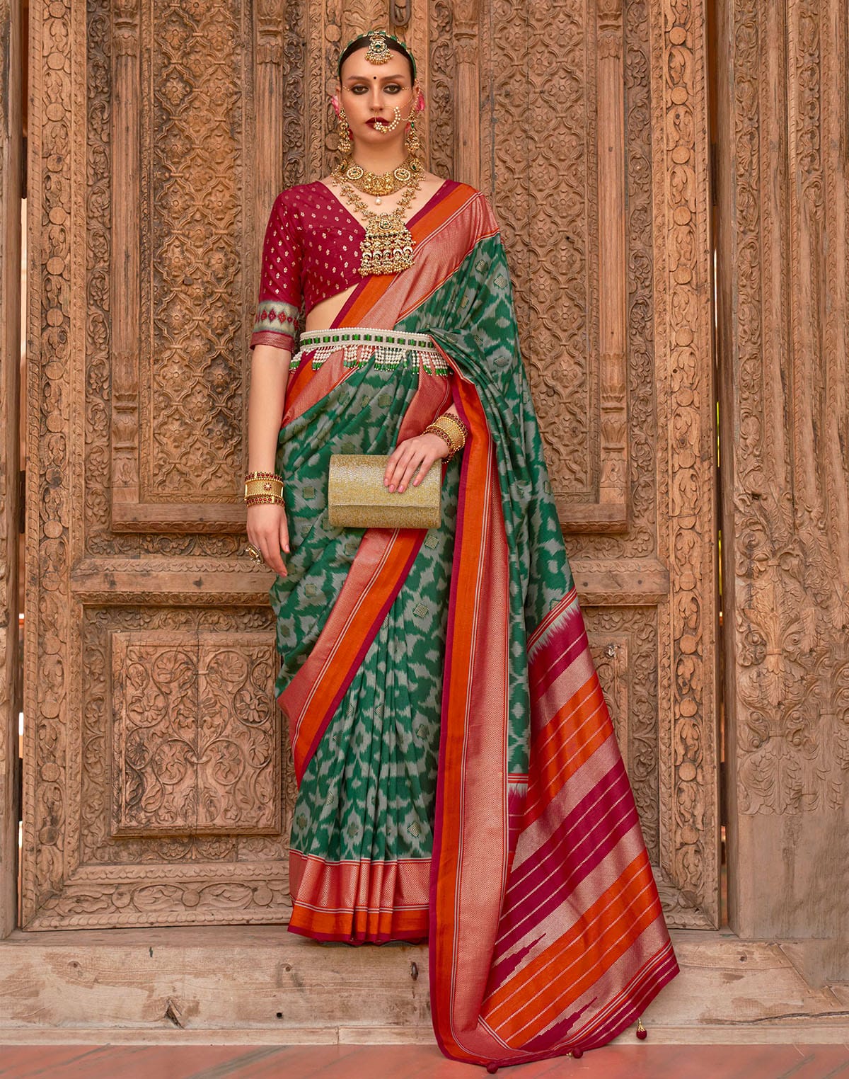 Collection of Dark Green and Maroon Patola Saree in a gallery layout