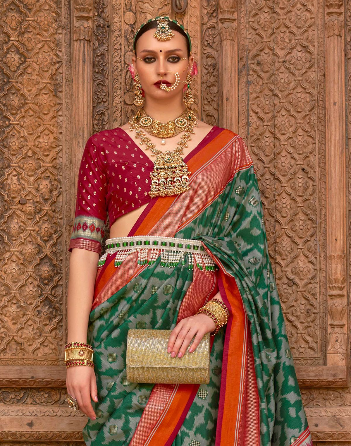 Collection of Dark Green and Maroon Patola Saree in a gallery layout