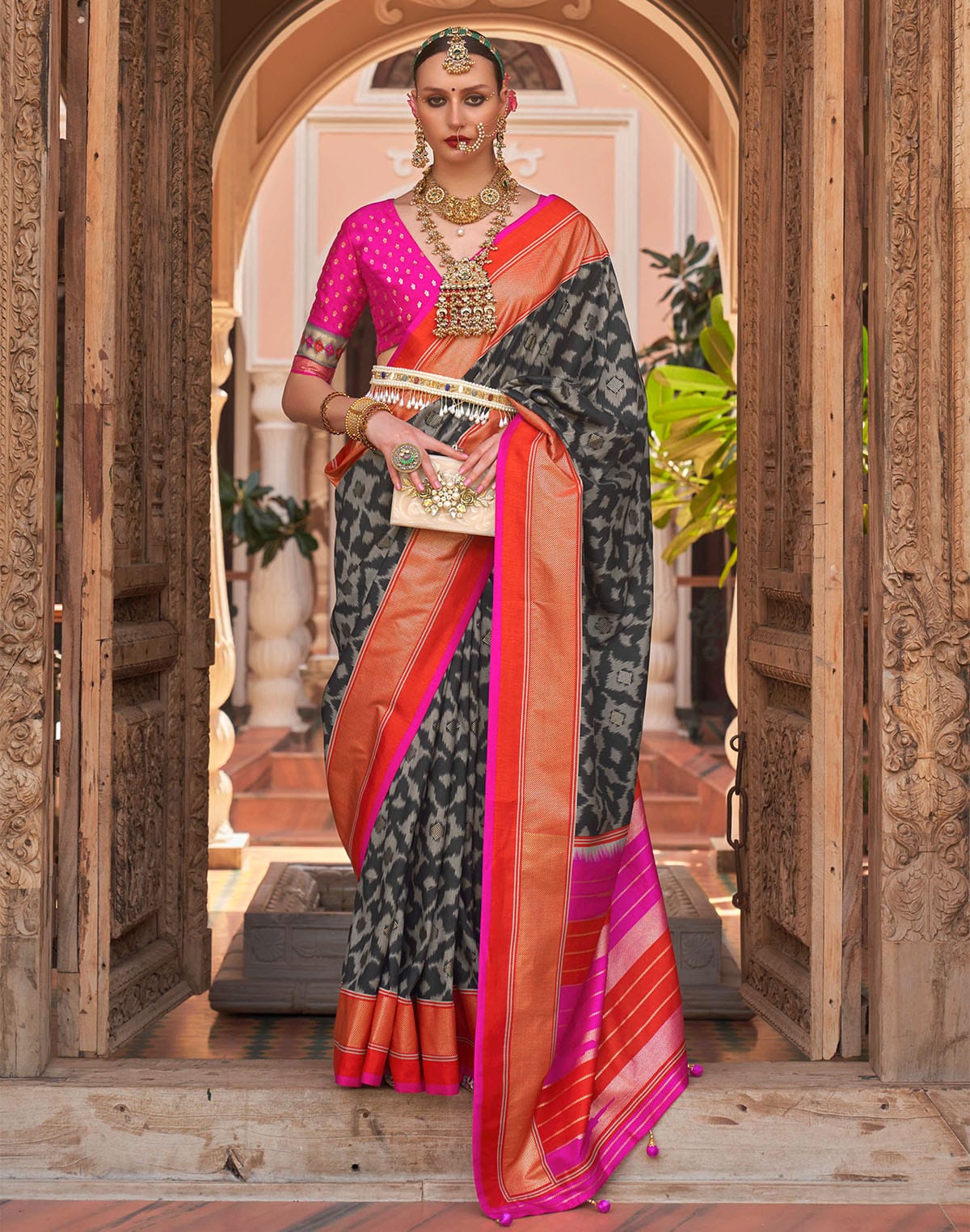 Black Graphic Print Patola Silk Saree