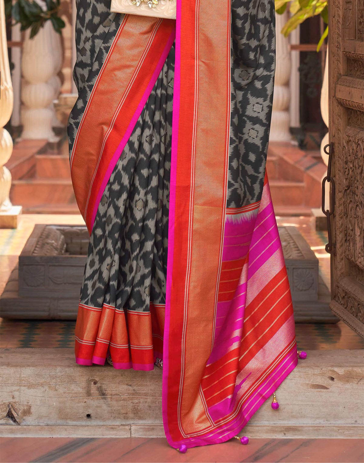 Black Graphic Print Patola Silk Saree