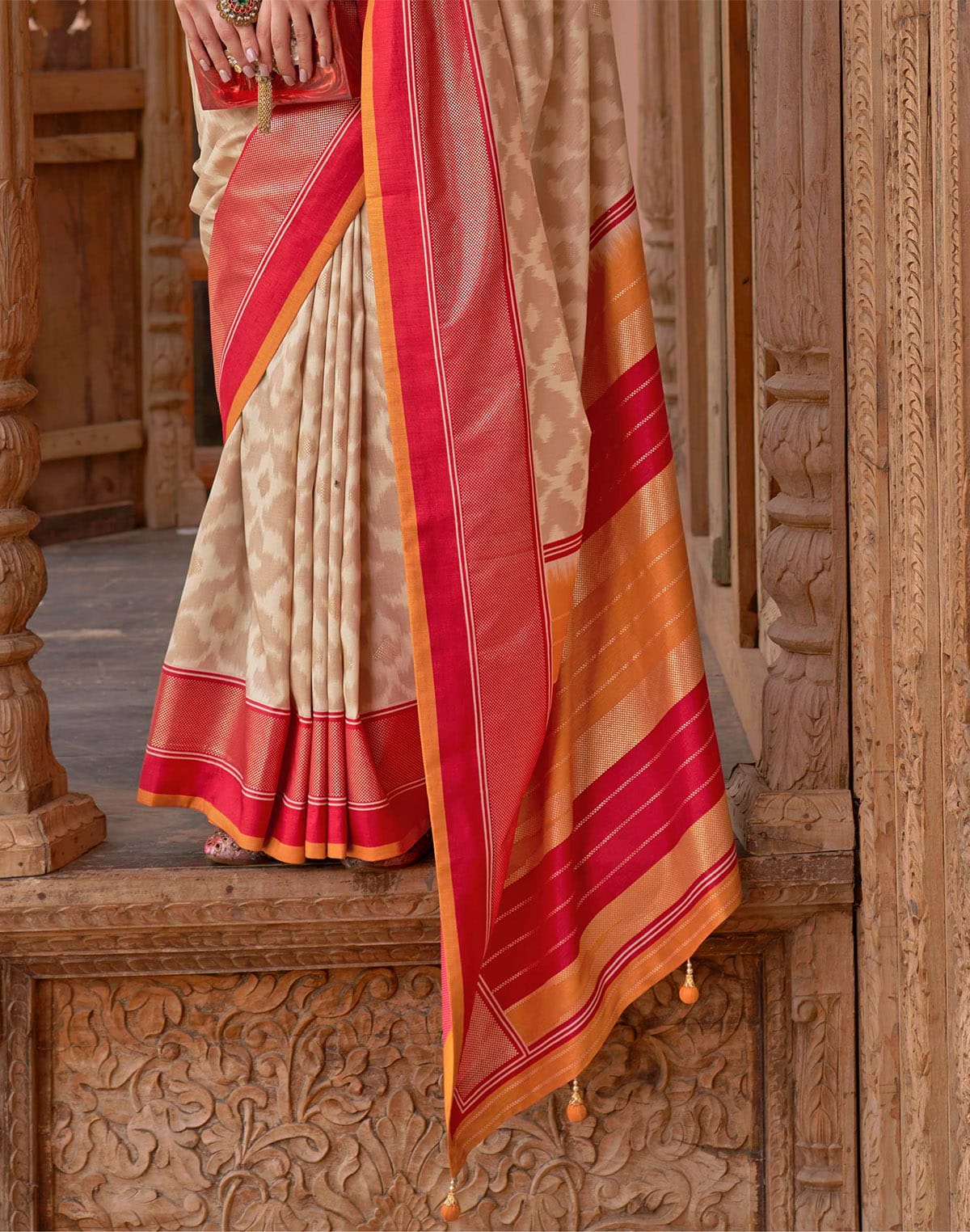 Collection of Beige Colour smooth Patola Silk Saree in a gallery layout