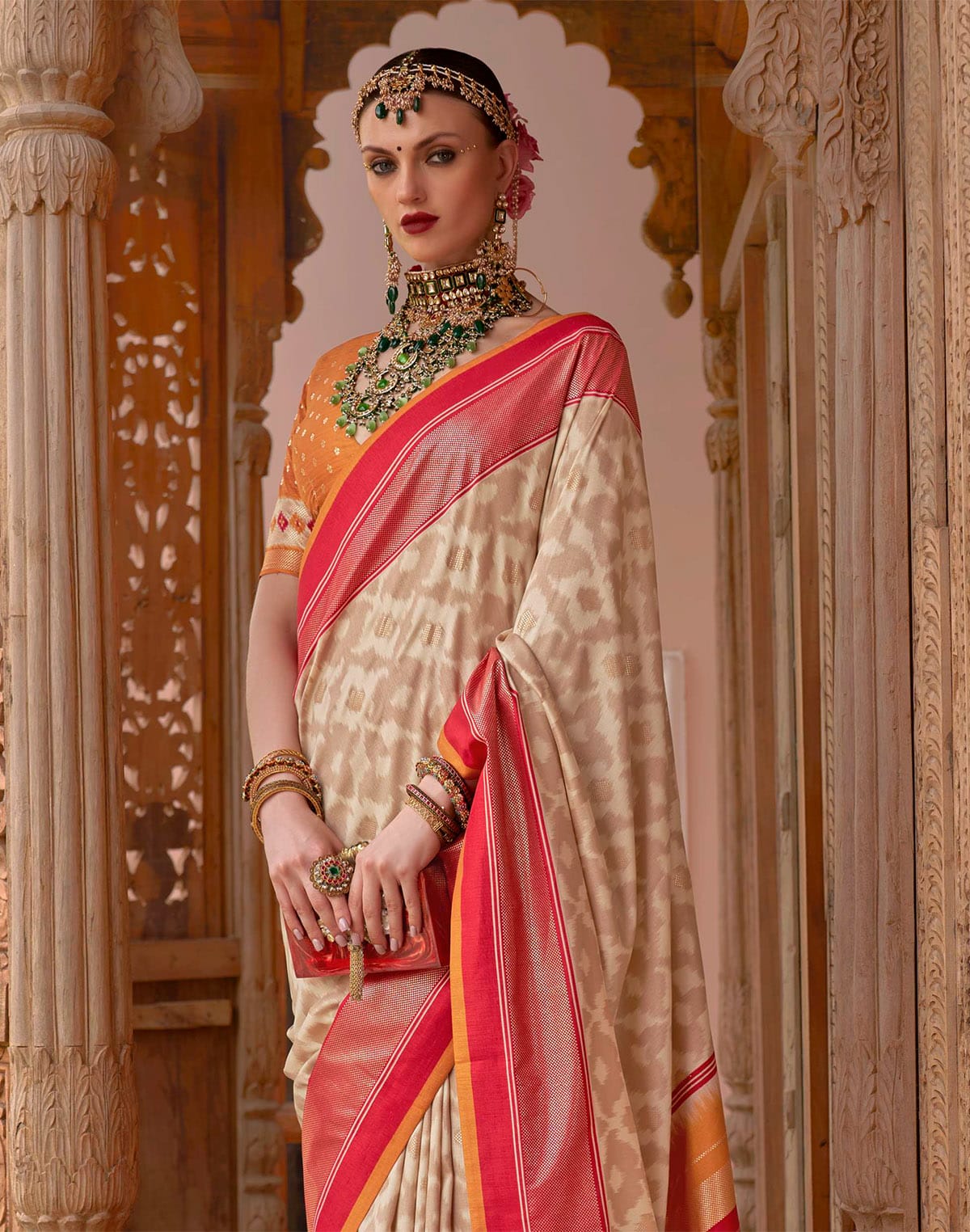 Collection of Beige Colour smooth Patola Silk Saree in a gallery layout