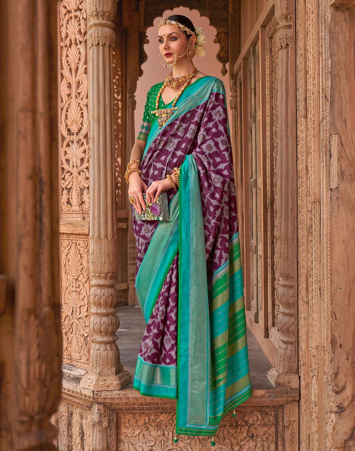 Collection of Mauve Purple Soft Patola Silk Saree in a gallery layout