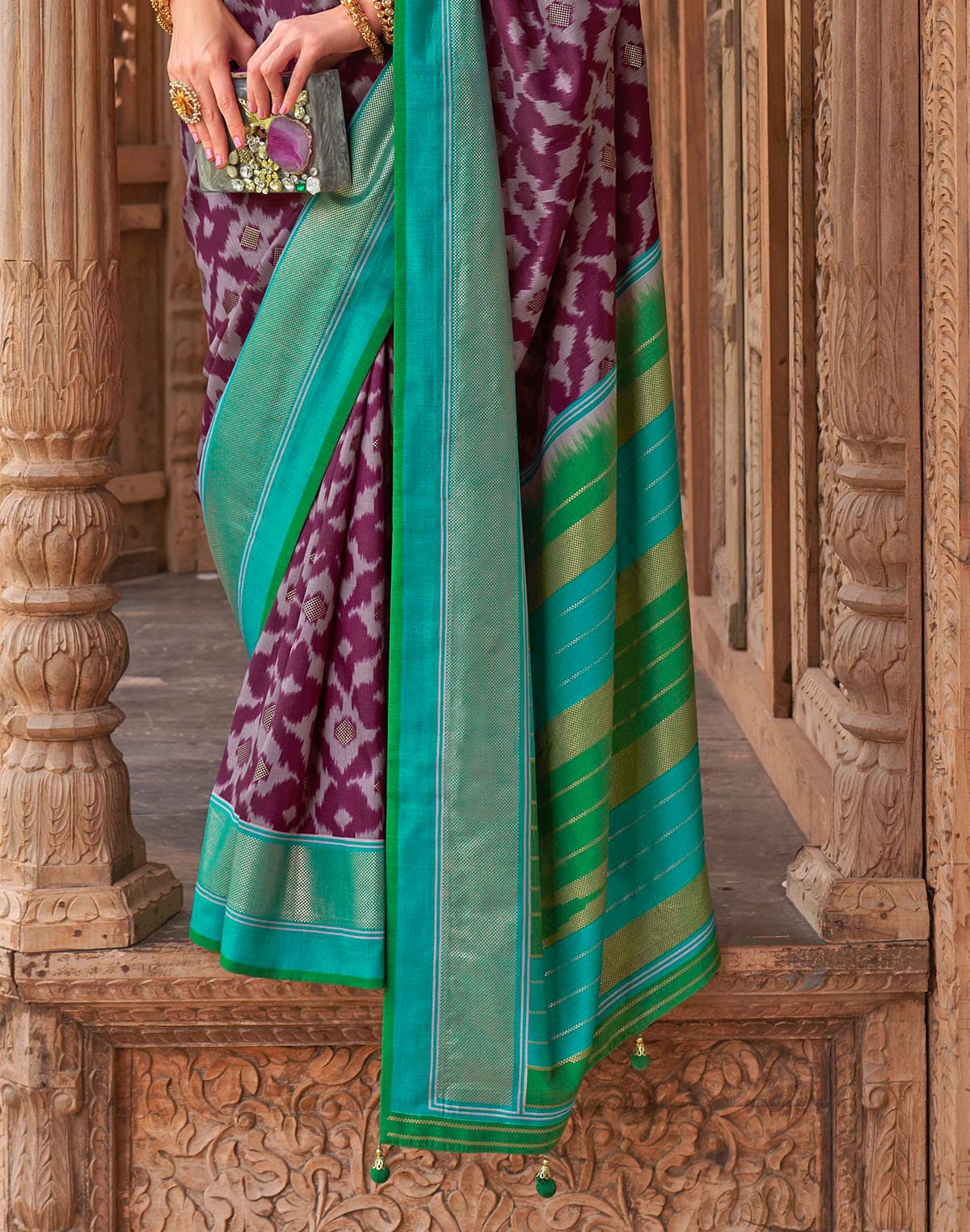 Collection of Mauve Purple Soft Patola Silk Saree in a gallery layout