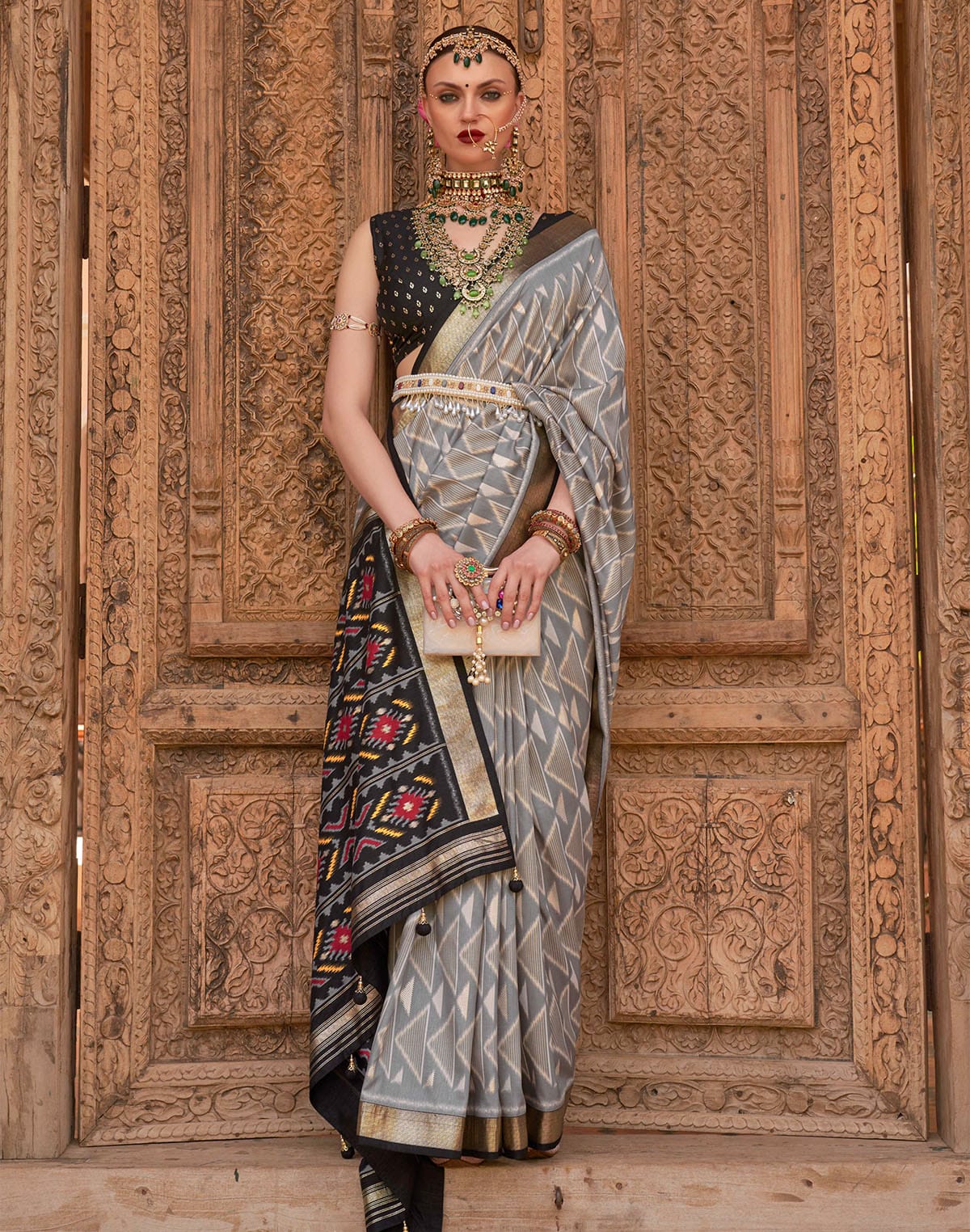 Grey and Black Patola Printed Saree