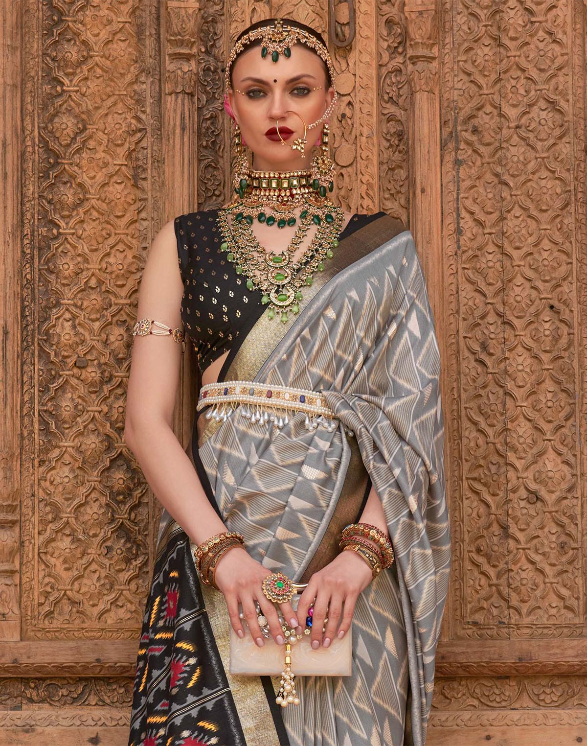 Collection of Grey and Black Patola Printed Saree in a gallery layout