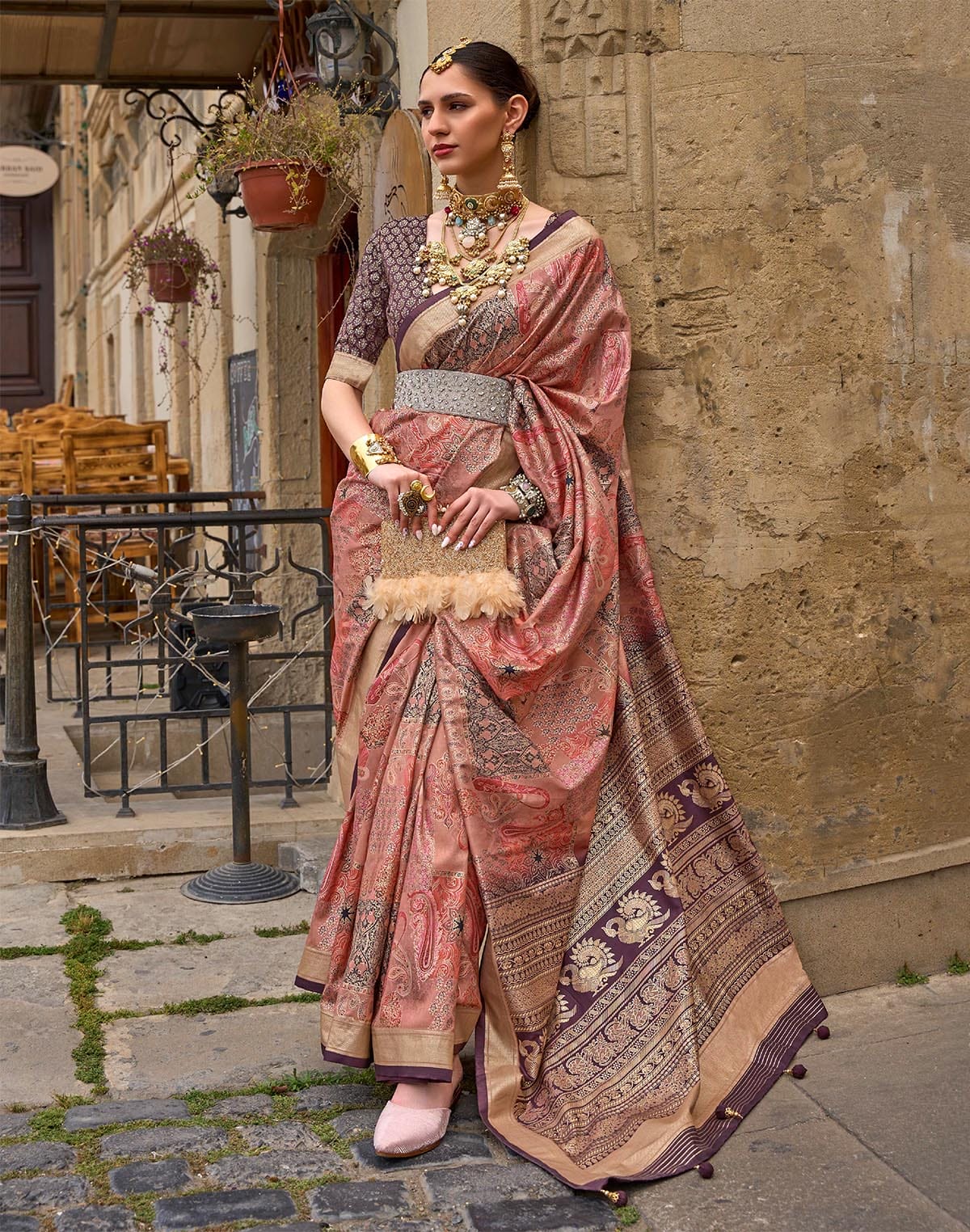 Collection of Peach Soft Silk Saree in a gallery layout