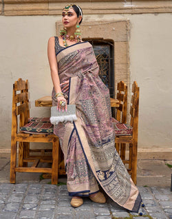 Collection of Light Pink Floral Print Soft Silk Saree in a gallery layout