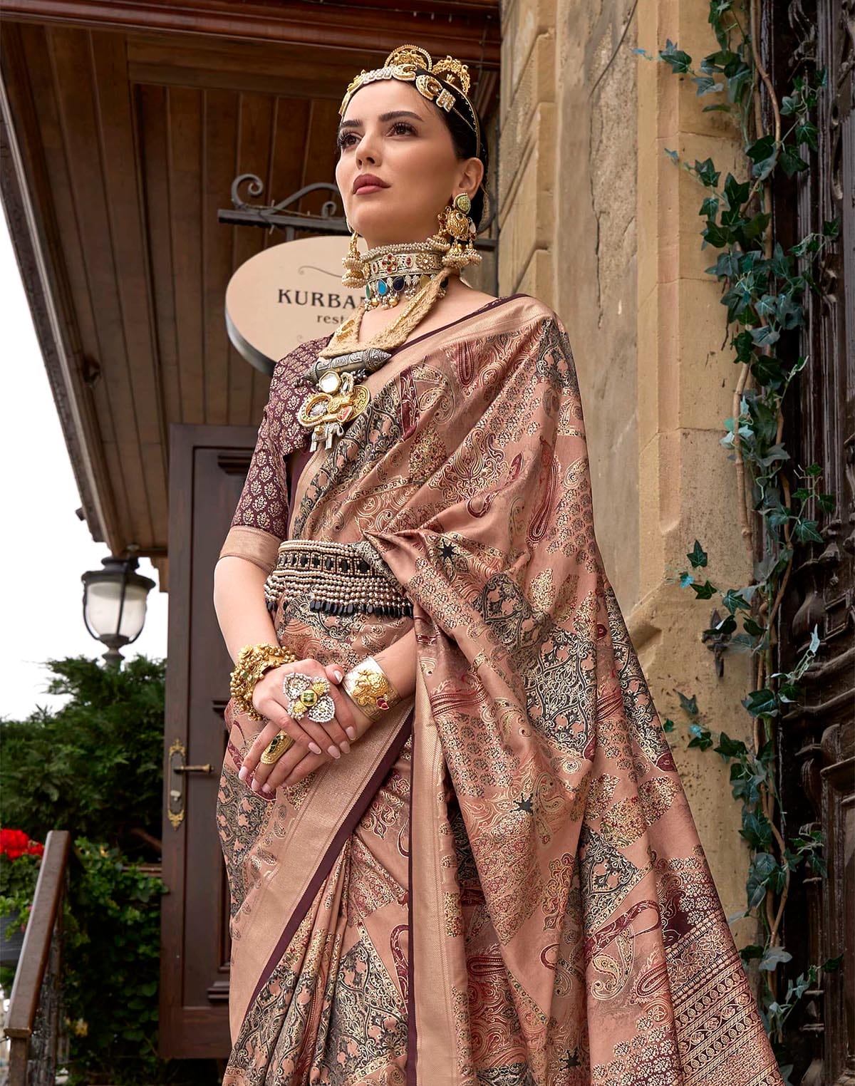 Collection of Light Brown all over Floral Print Soft Silk Saree in a gallery layout