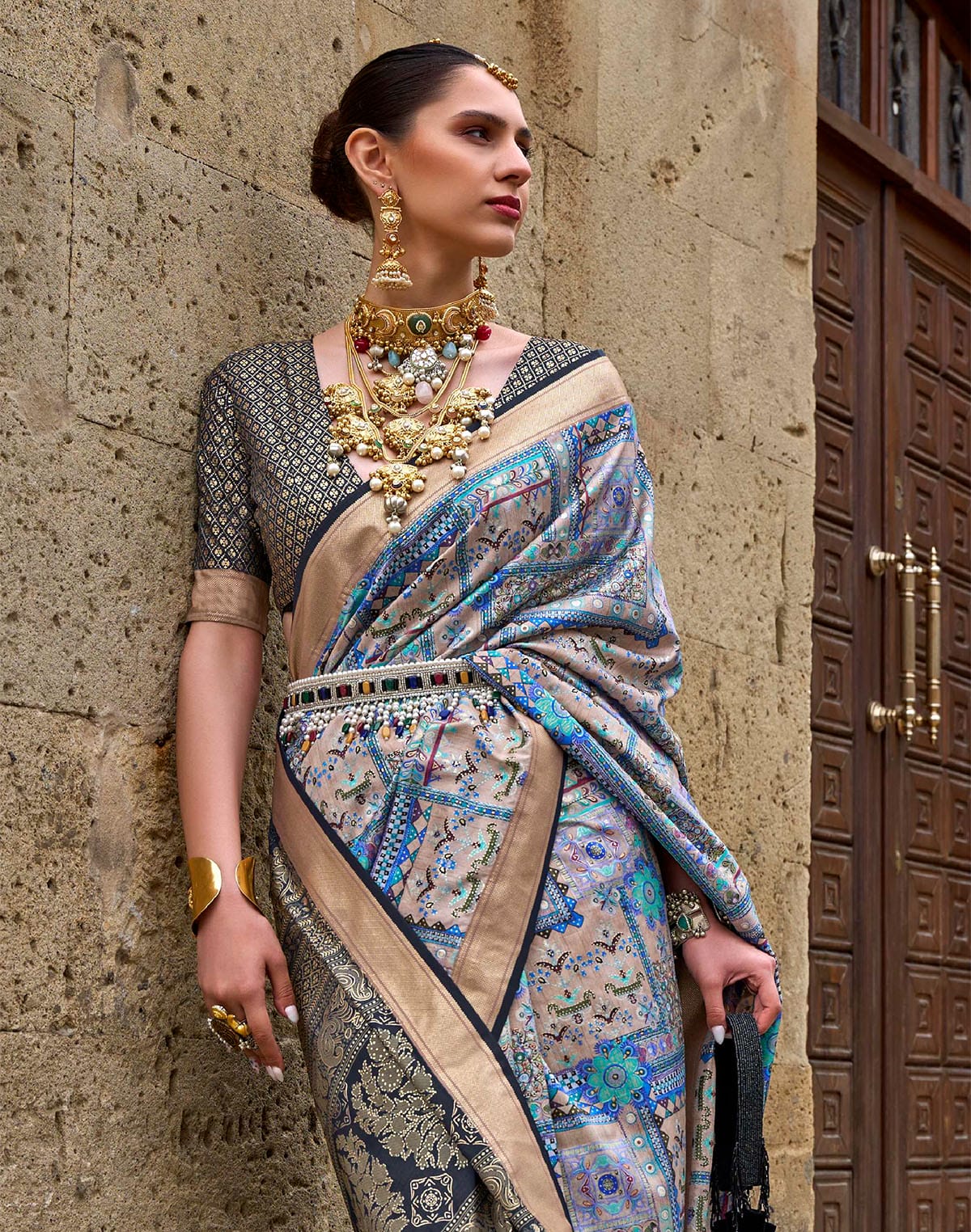 Sky Blue and Black Soft Silk Saree