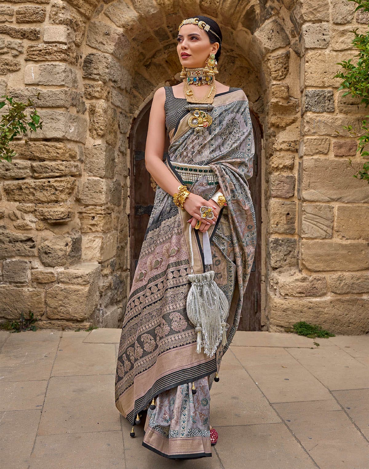 Collection of Grey Coloured Soft Silk Floral Saree in a gallery layout