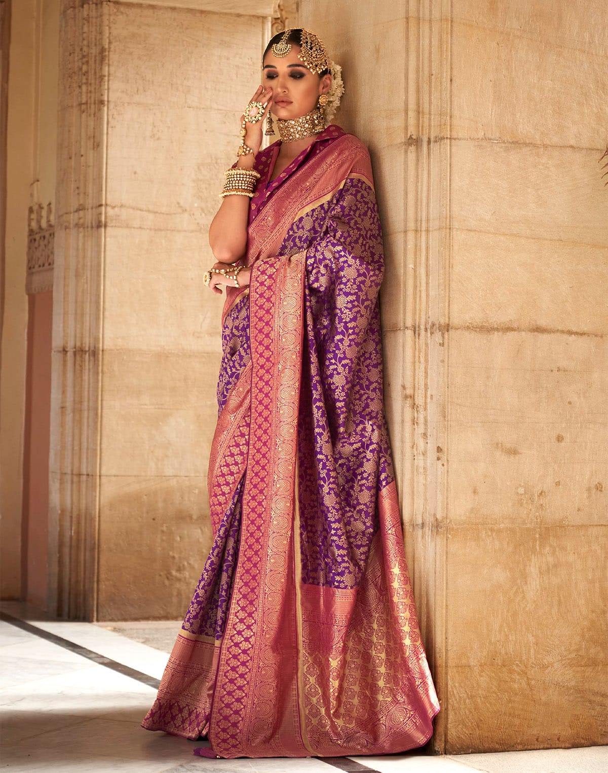 Collection of Purple Floral Design Banaras Silk Saree in a gallery layout