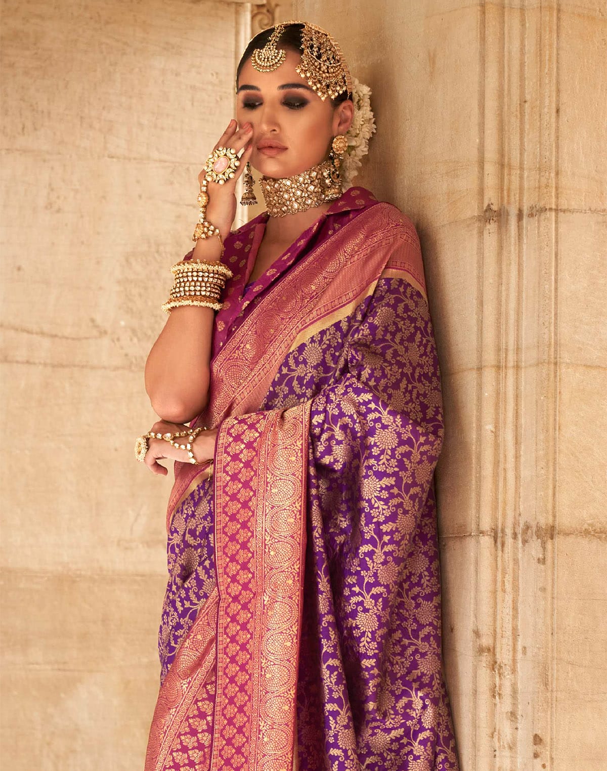 Collection of Purple Floral Design Banaras Silk Saree in a gallery layout