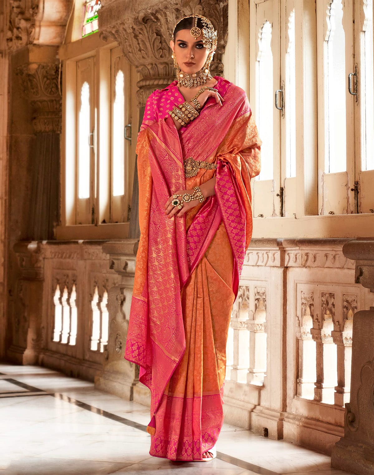 Collection of Orange Banaras Silk Saree in a gallery layout