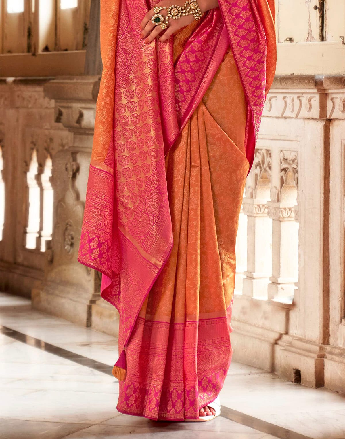 Collection of Orange Banaras Silk Saree in a gallery layout