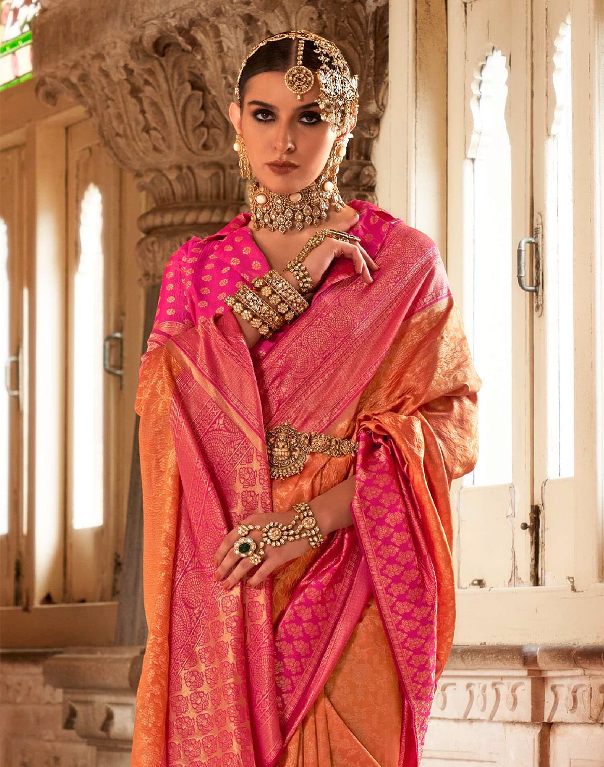 Collection of Orange Banaras Silk Saree in a gallery layout