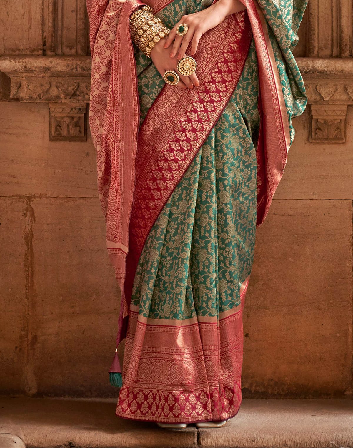 Collection of Designer Green Banaras Silk Saree in a gallery layout