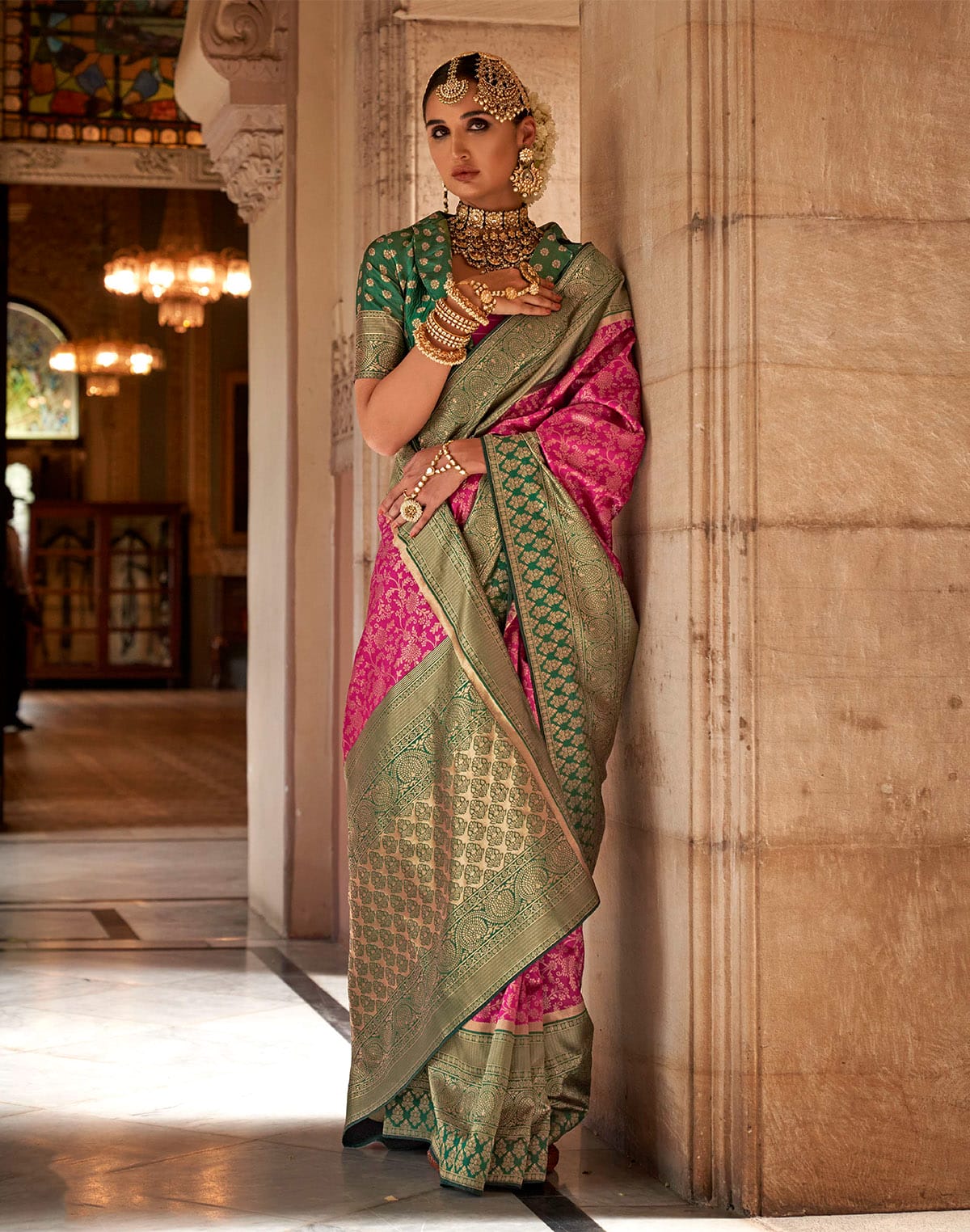 Rani Pink Banaras Silk Party Wear Saree