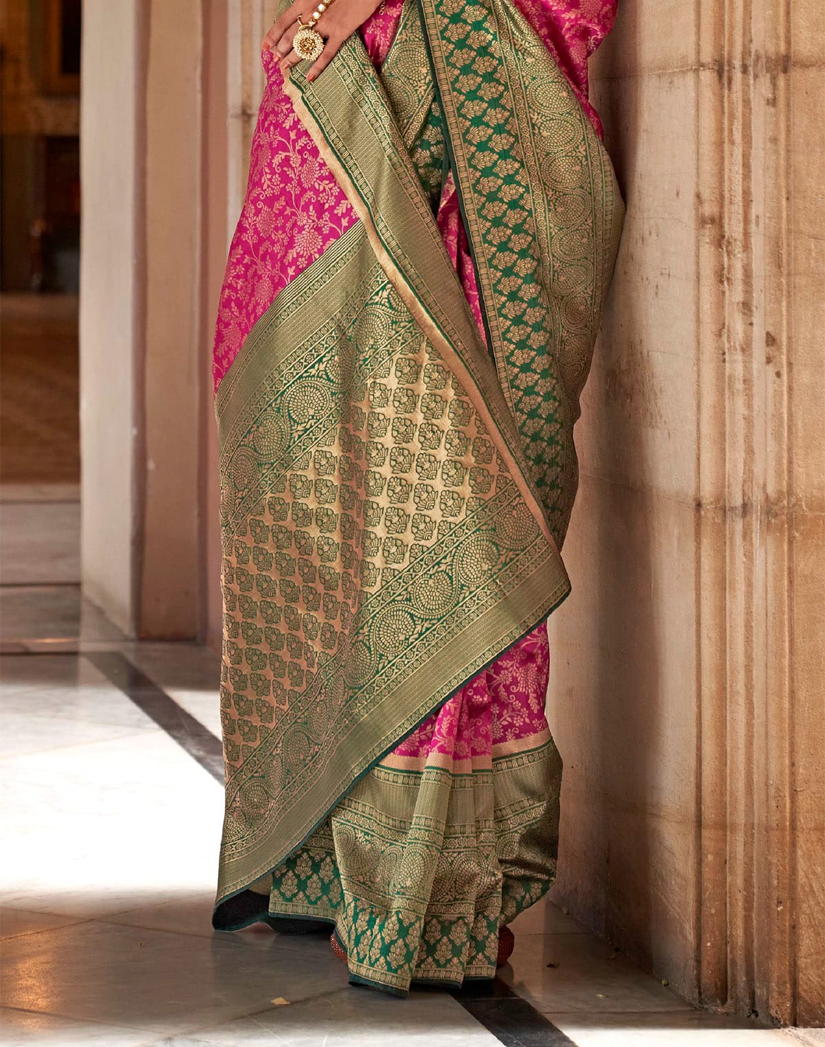 Collection of Rani Pink Banaras Silk Party Wear Saree in a gallery layout