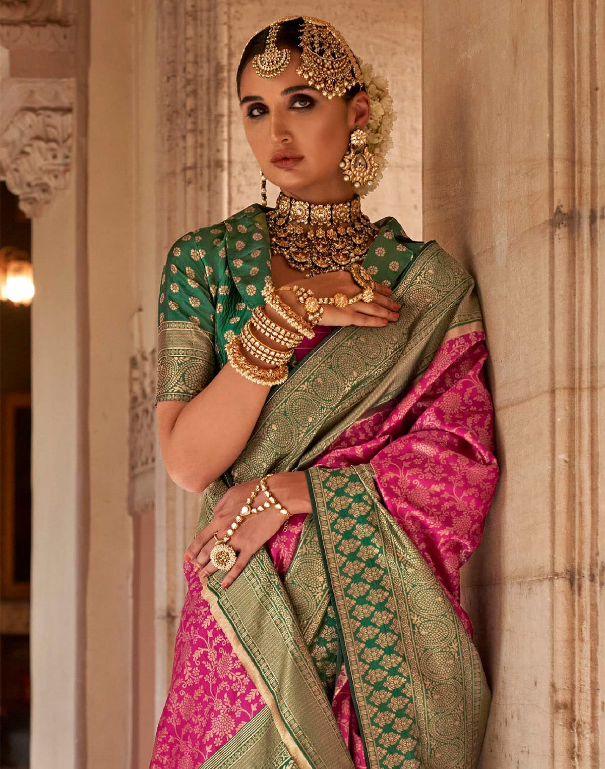 Collection of Rani Pink Banaras Silk Party Wear Saree in a gallery layout