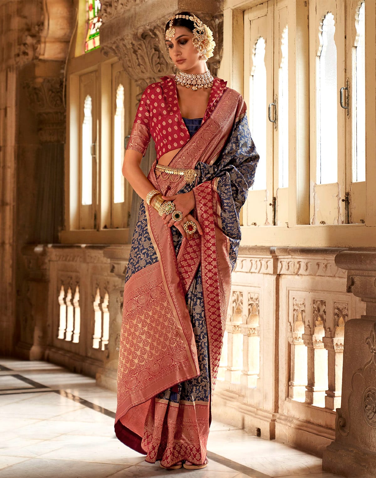 Collection of Navy Blue Floral Banaras Silk Saree with Maroon Blouse in a gallery layout