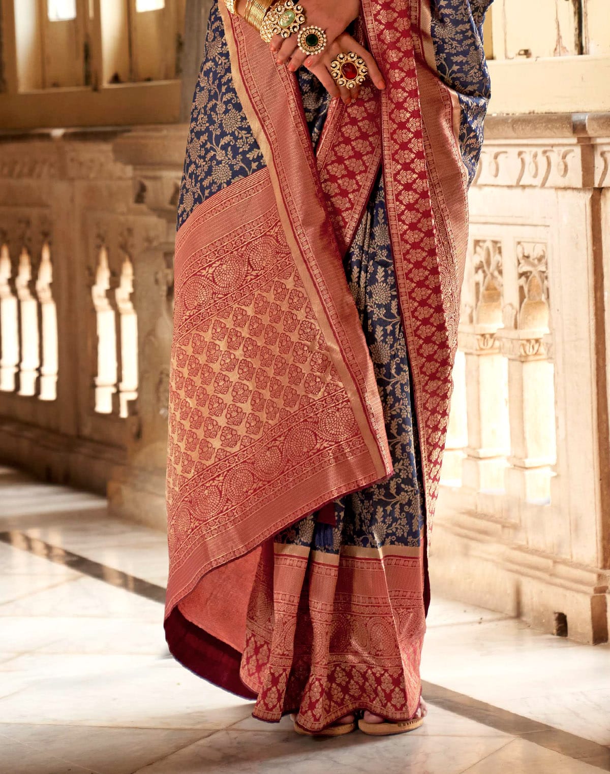 Collection of Navy Blue Floral Banaras Silk Saree with Maroon Blouse in a gallery layout