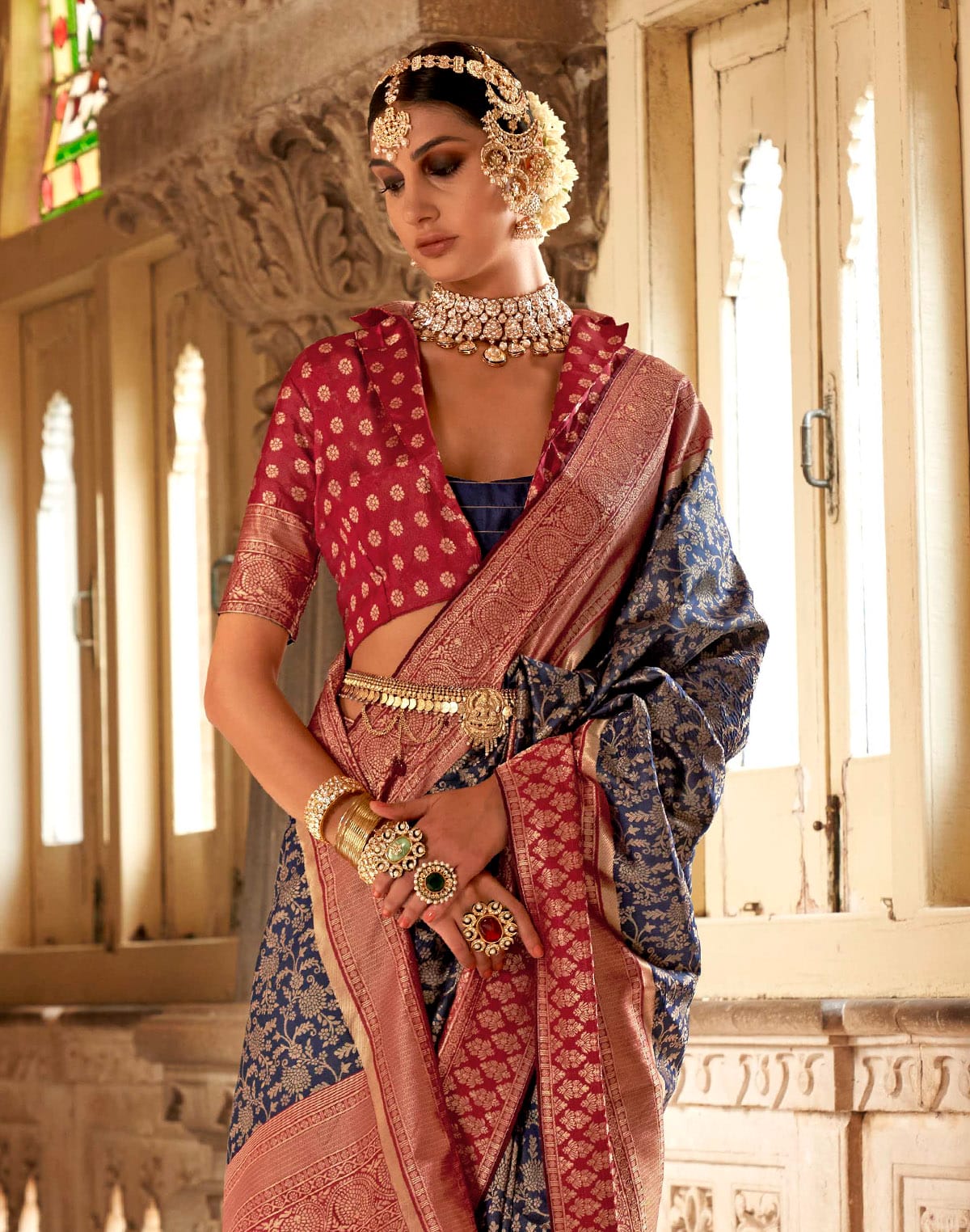 Collection of Navy Blue Floral Banaras Silk Saree with Maroon Blouse in a gallery layout