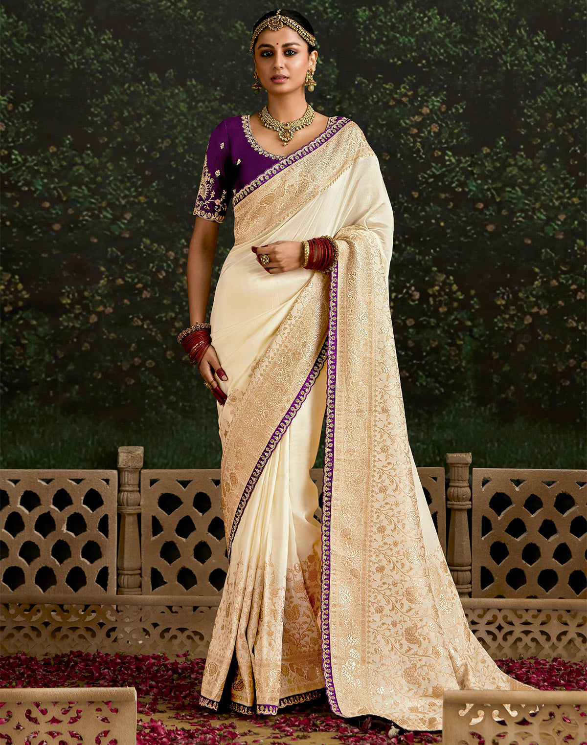 Collection of Cream Pure Dola Silk With Fancy Lace Border and Embroidery Worked Blouse in a gallery layout