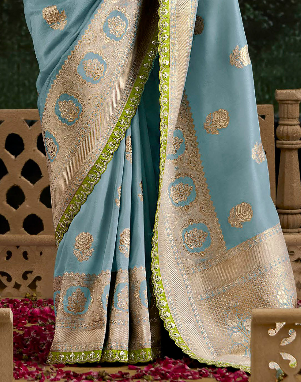 Light Blue Pure Dola Silk Lace Border Saree With Contrast Work Blouse