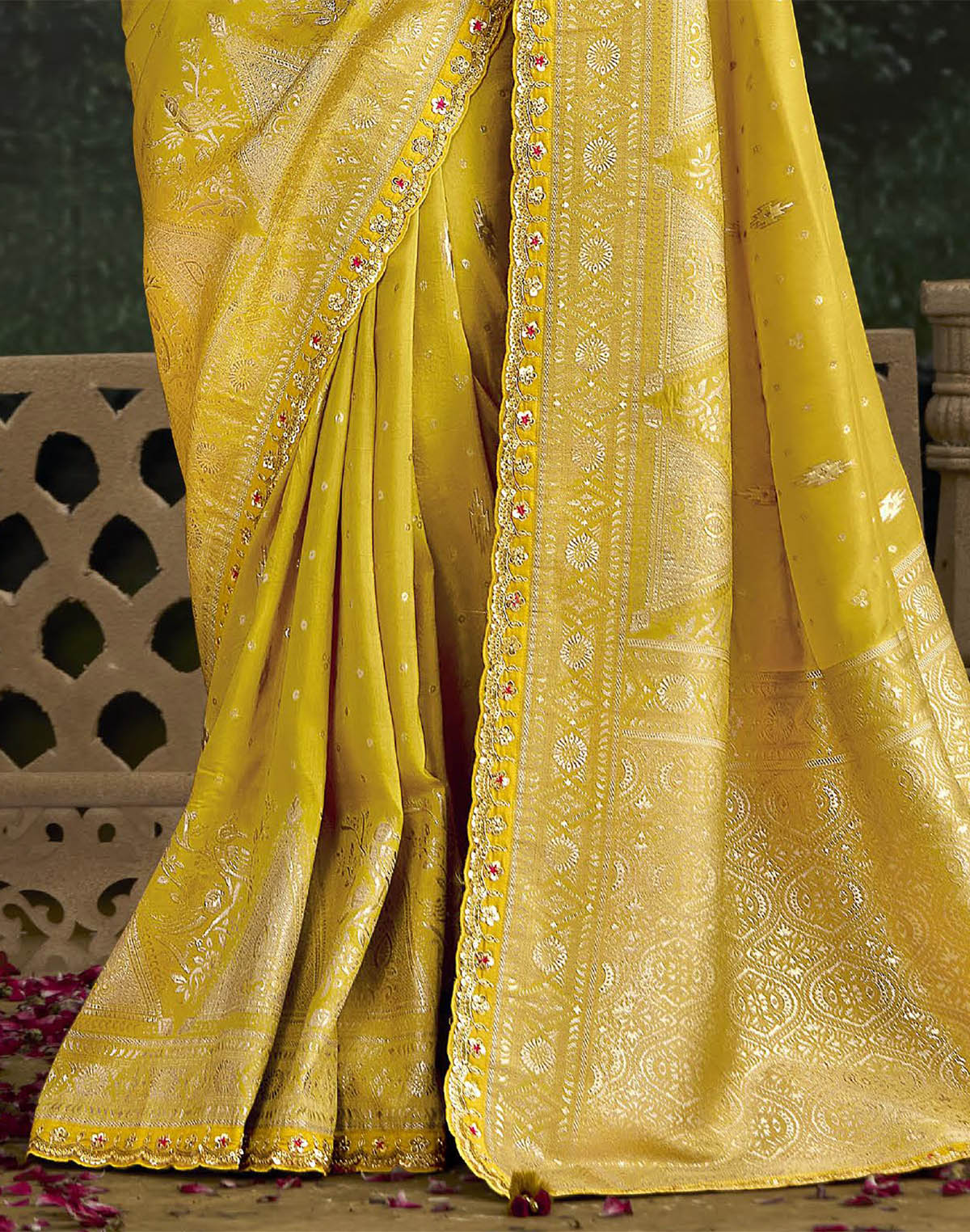 Collection of Yellow Floral Design Pure Dola Silk Saree and Contrast Embroidery Work Blouse in a gallery layout