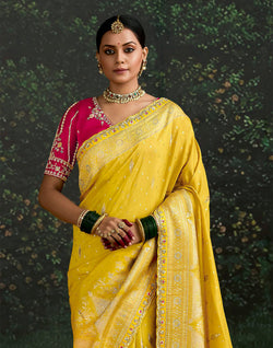 Collection of Yellow Floral Design Pure Dola Silk Saree and Contrast Embroidery Work Blouse in a gallery layout