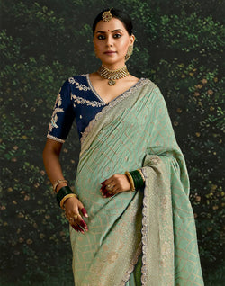 Collection of Light Pista Green Dola Silk Woven Saree With Embroidery Work Blouse in a gallery layout