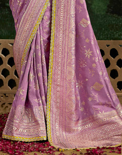 Collection of Light Purple Fancy Lace Border Dola Silk Saree With Contrast Work Blouse in a gallery layout