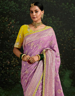 Collection of Light Purple Fancy Lace Border Dola Silk Saree With Contrast Work Blouse in a gallery layout