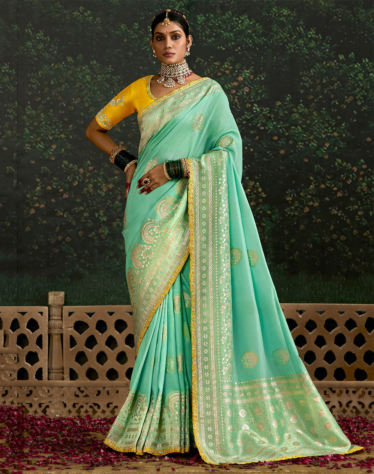 Sea Green Floral Bunches Dola Silk Saree and Embroidery Work Blouse