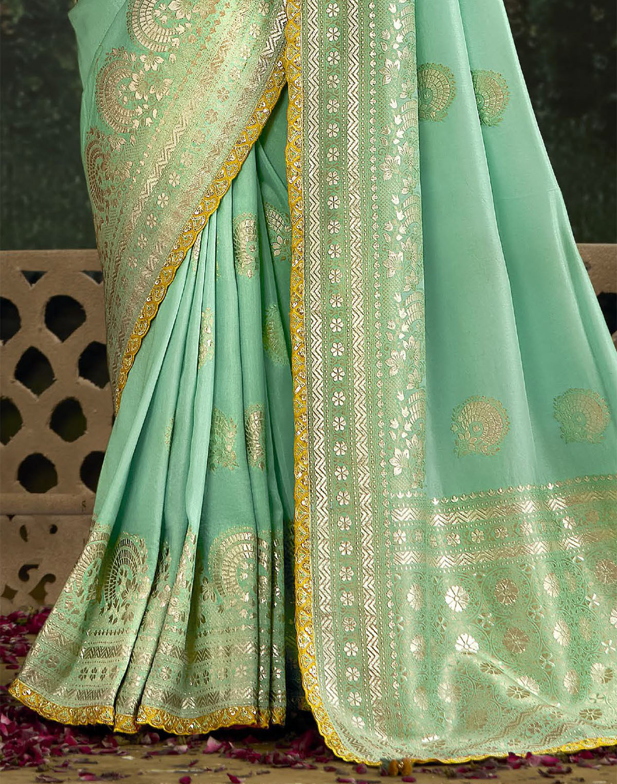 Sea Green Floral Bunches Dola Silk Saree and Embroidery Work Blouse