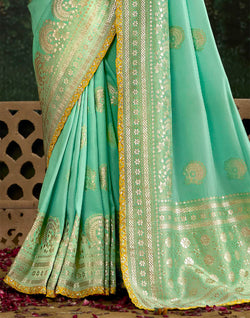 Collection of Sea Green Floral Bunches Dola Silk Saree and Embroidery Work Blouse in a gallery layout