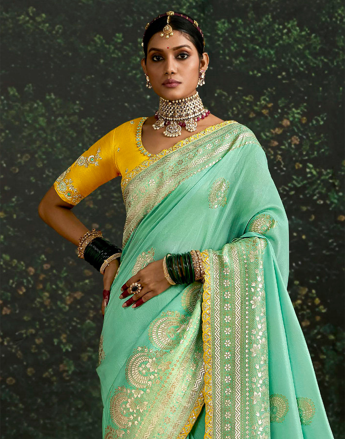 Collection of Sea Green Floral Bunches Dola Silk Saree and Embroidery Work Blouse in a gallery layout