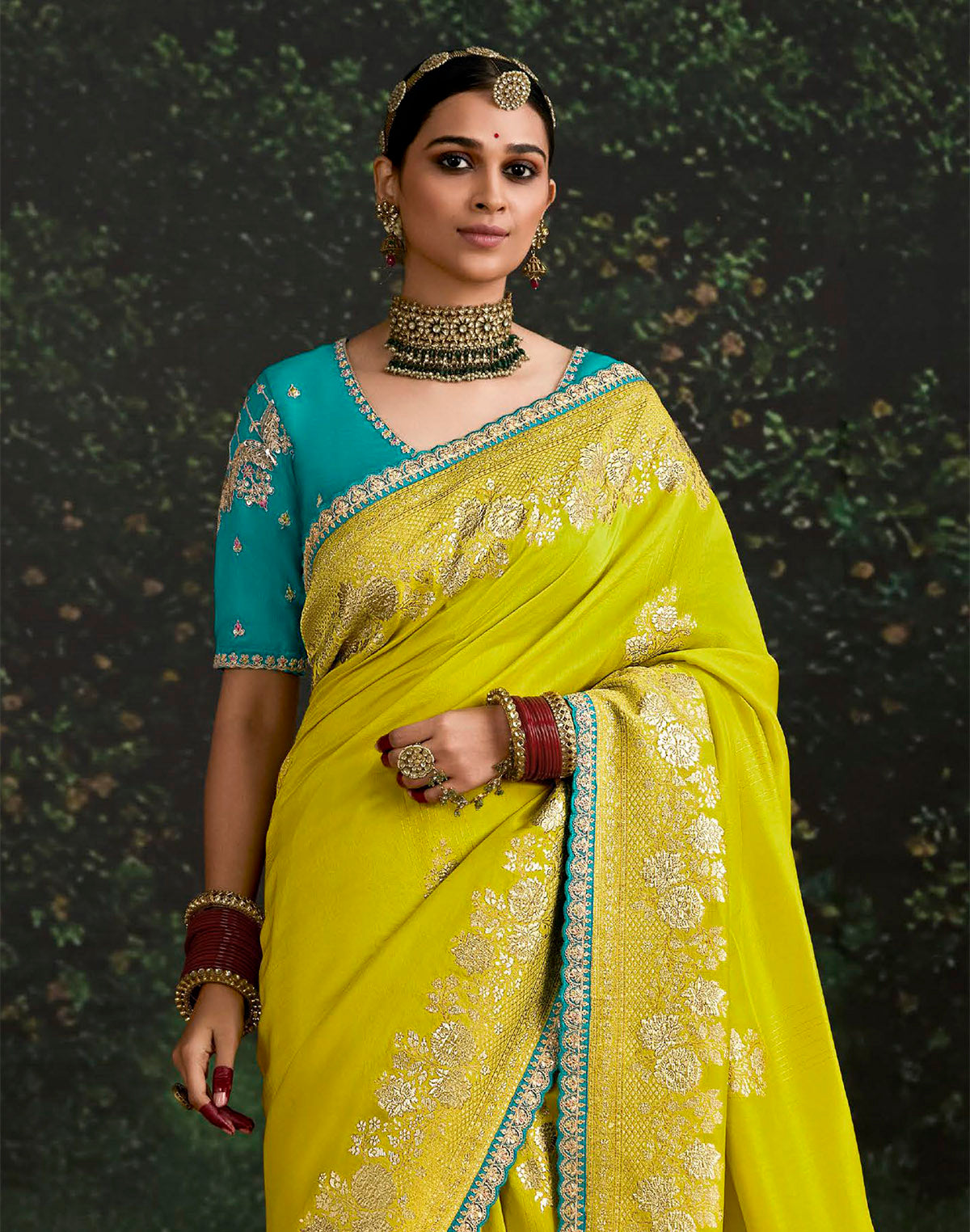 Collection of Lemon Yellow Fancy Lace Border Pure Dola Silk Saree With Embroidery Work Blouse in a gallery layout