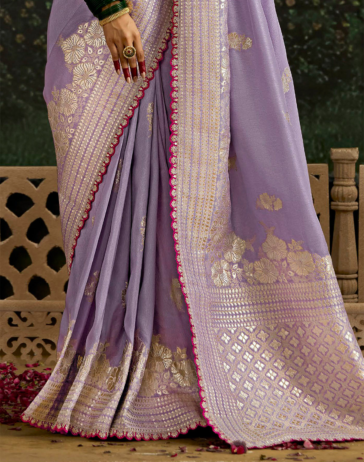 Collection of Purple Floral Motifs Pure Dola Silk Saree With Contrast Embroidery Work Blouse in a gallery layout