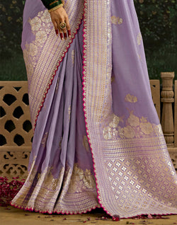 Collection of Purple Floral Motifs Pure Dola Silk Saree With Contrast Embroidery Work Blouse in a gallery layout